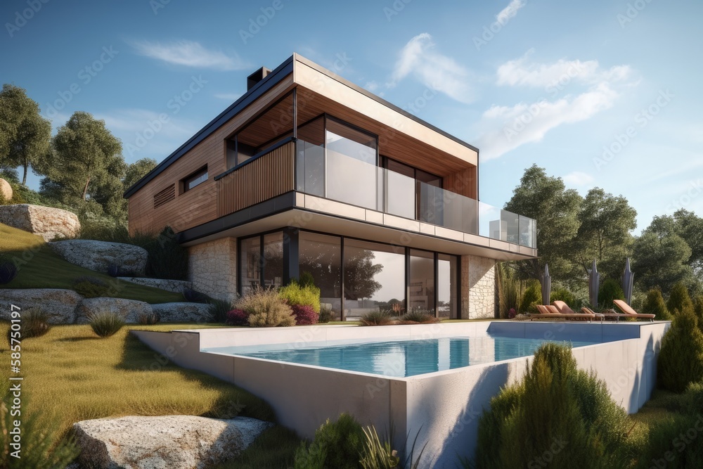 modern house with a luxurious pool in the front yard. Generative AI