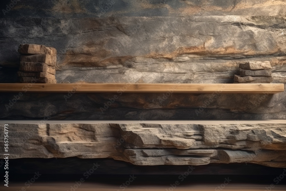 wooden bench against a textured stone wall. Generative AI