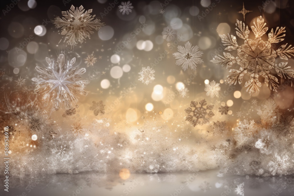 blurred snowflake background with twinkling lights. Generative AI