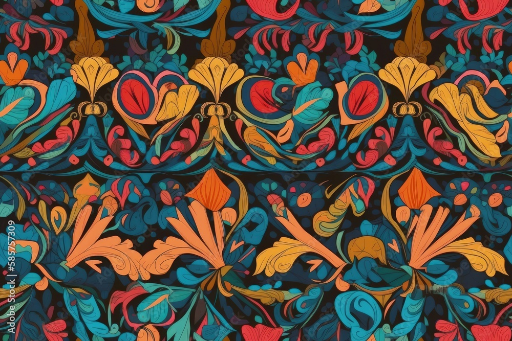 colorful flowers and leaves on black background painting. Generative AI