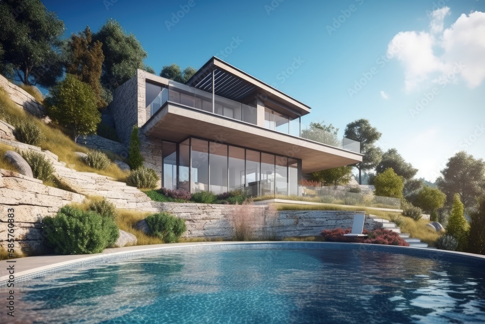 modern house perched atop a hill with a stunning view of a pool and surrounding landscape. Generativ