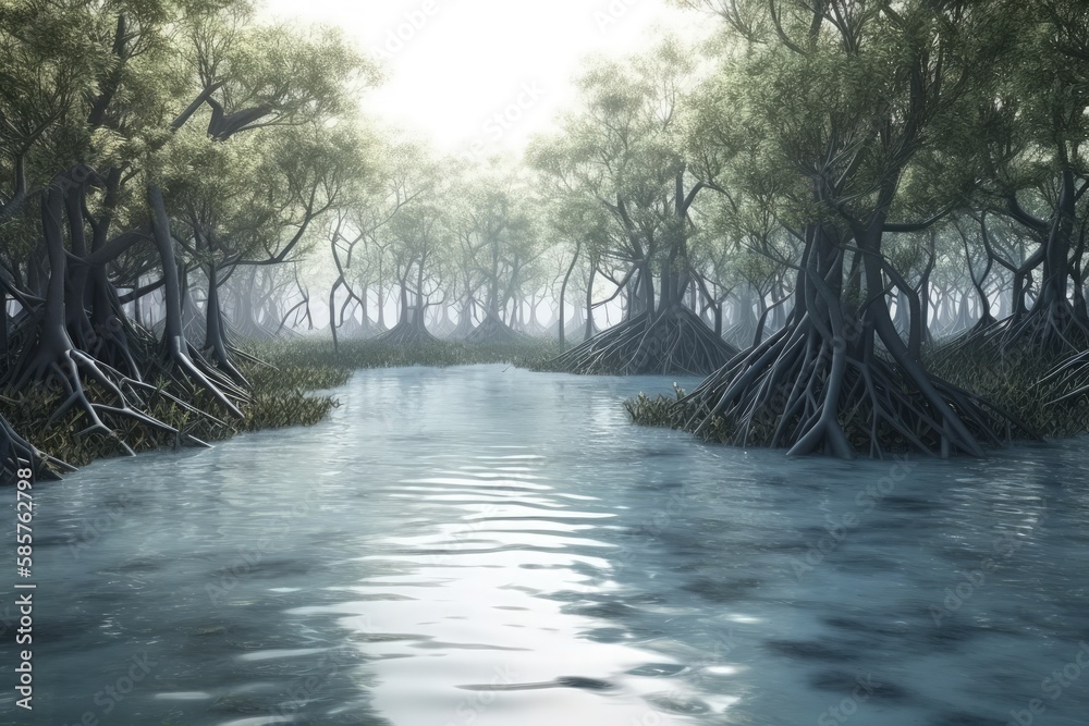 serene river landscape with lush trees. Generative AI