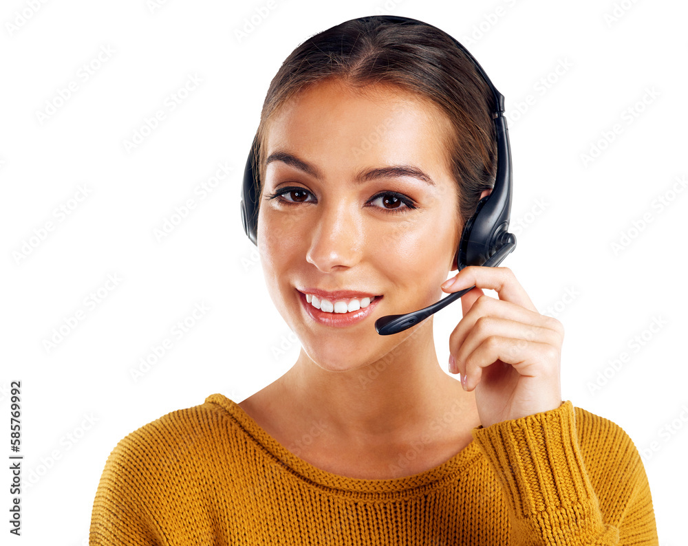 Call center, customer service and portrait of a happy woman isolated on a transparent, png backgroun