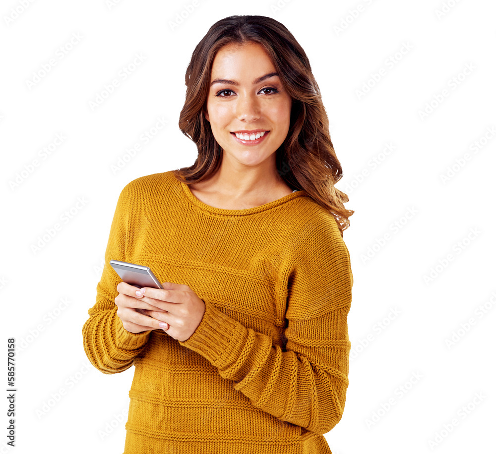 Text message, portrait and happy female with online communication while isolated on a transparent, p