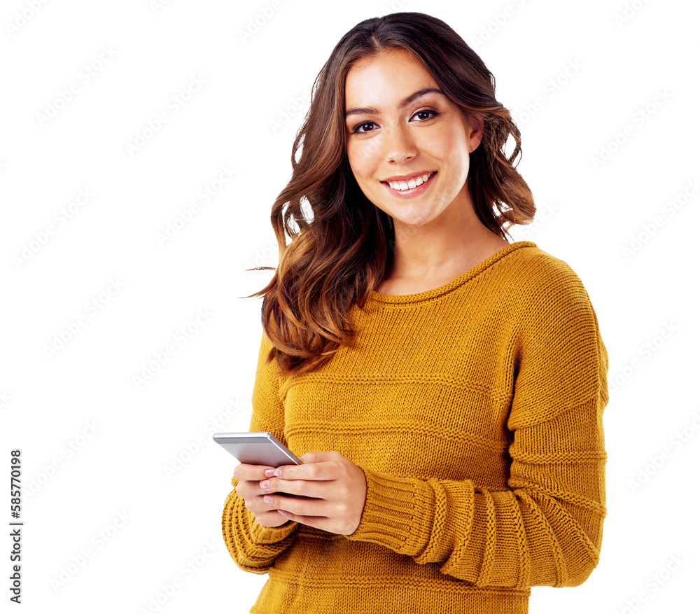 Portrait, phone and smiling woman scrolling the internet searching for good news while isolated on a