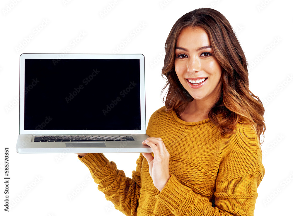 Portrait, blank laptop and woman searching online for internet research with a smile. Mockup compute