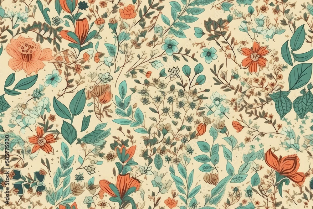 colorful floral wallpaper with various flowers and leaves. Generative AI