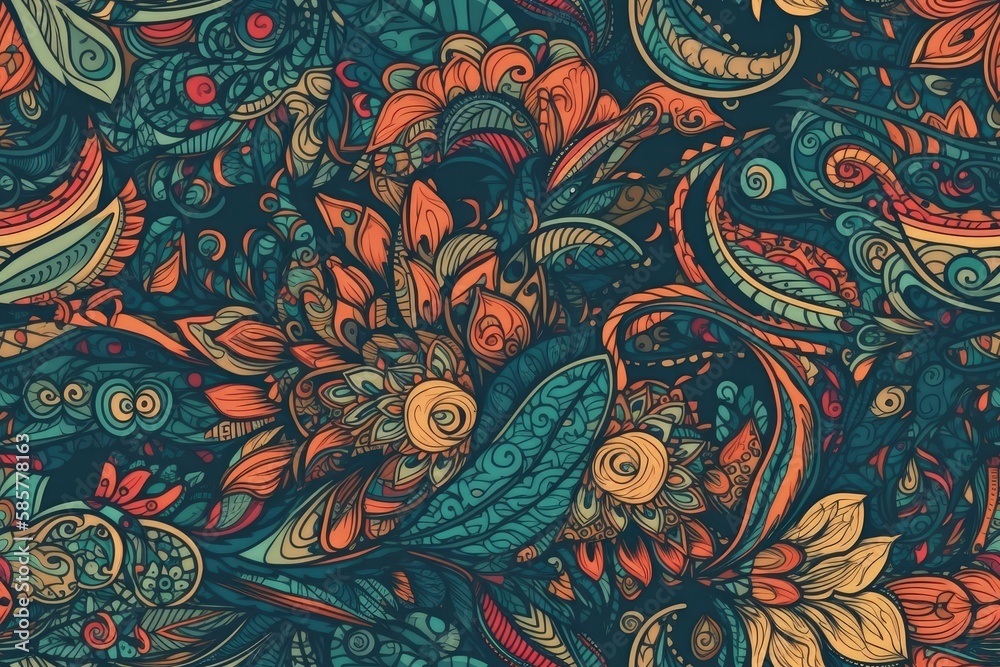 colorful flowers and birds on a blue background. Generative AI