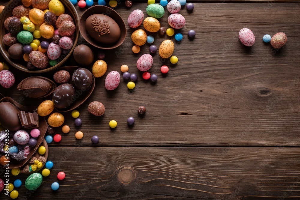 festive Easter-themed wooden table with an assortment of colorful chocolate eggs and candies. Genera