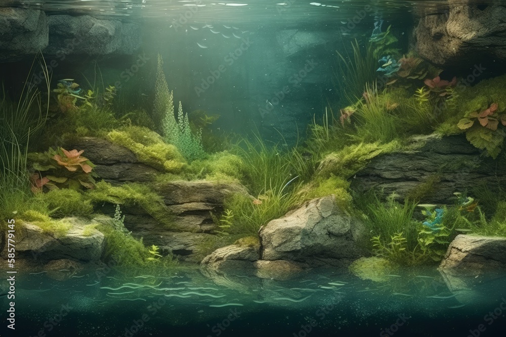 an underwater landscape with colorful coral, rocks, and schools of fish. Generative AI