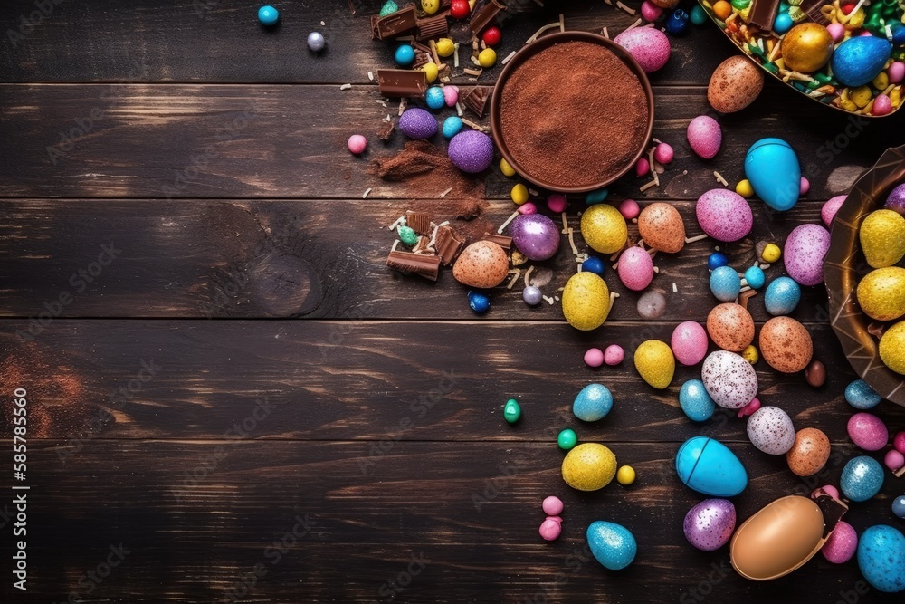 festive Easter table decorated with colorful eggs. Generative AI