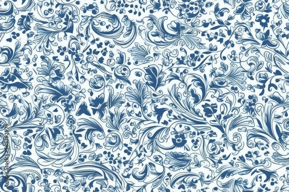 delicate blue and white floral pattern on a clean white background. Generative AI