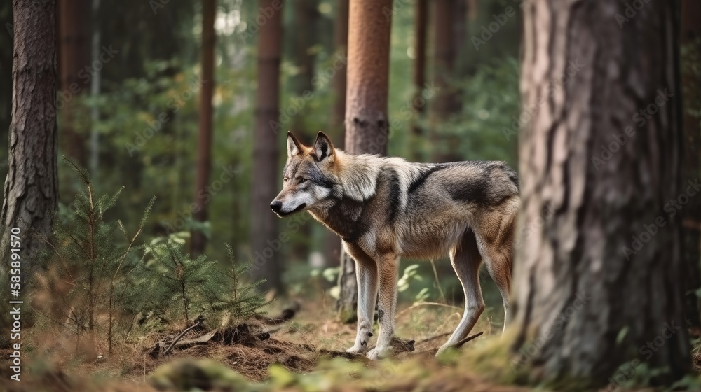 Wolf in forest. Illustration Generative AI.