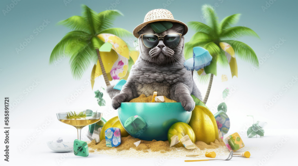 Funny summer cat. Illustration AI Generative.