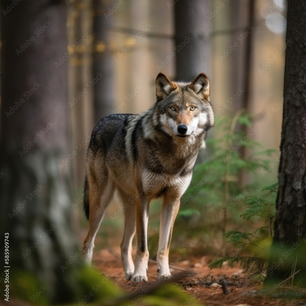 Wolf in forest. Illustration Generative AI.