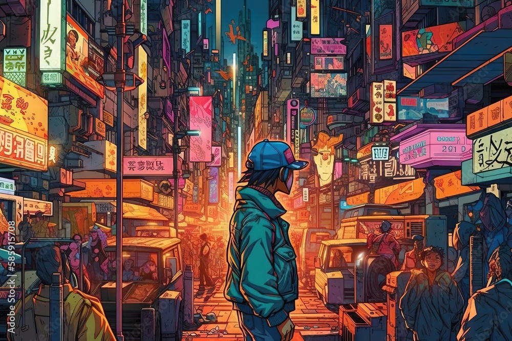  a man standing on a city street in front of a crowd of people in a neon colored cityscape with neon