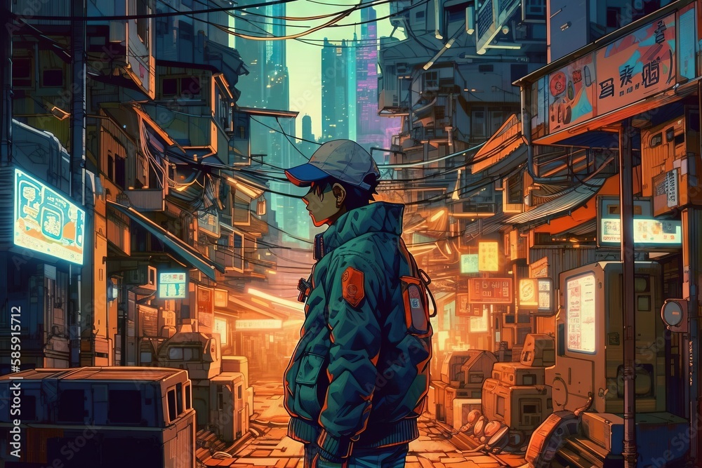  a man in a blue jacket is standing in an alleyway with a city in the background and a neon orange g