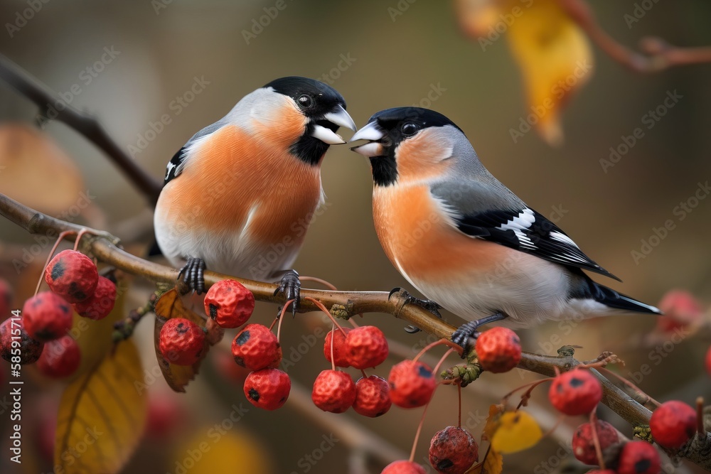  a couple of birds sitting on top of a tree branch next to a bunch of red berries on a tree branch w