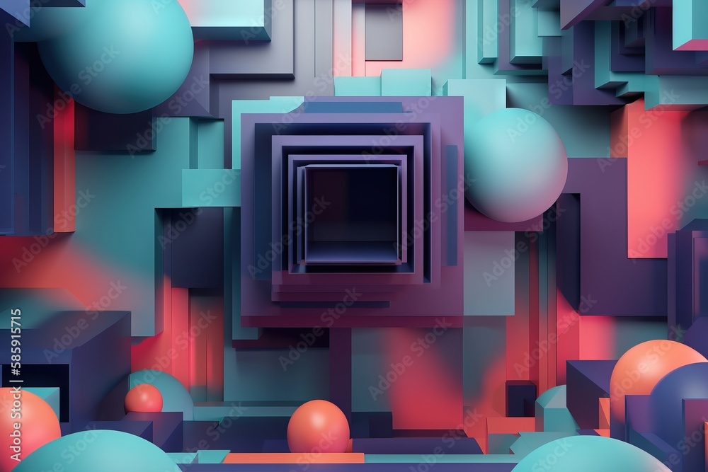  an abstract background with blue and pink balls and a black square in the center of the image with 