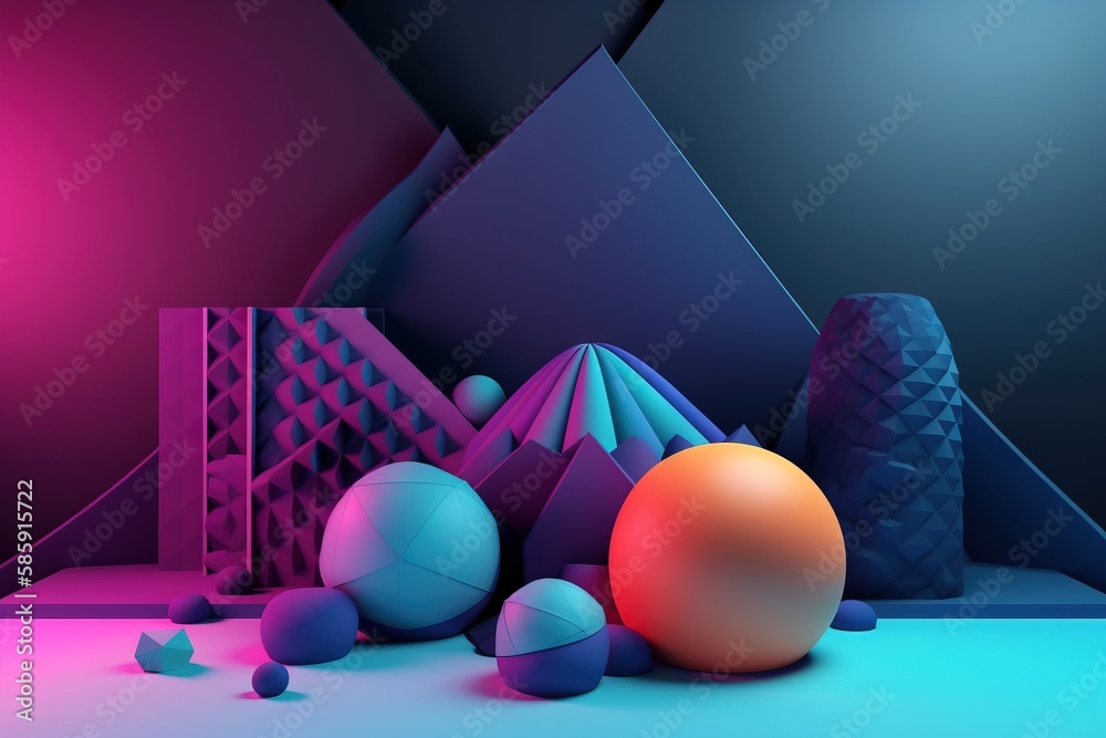  a group of colorful balls and shapes on a blue and purple background with a pink and blue triangle 