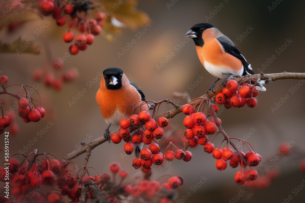  two small birds perched on a branch with berries on the branch and a blurry background of leaves an