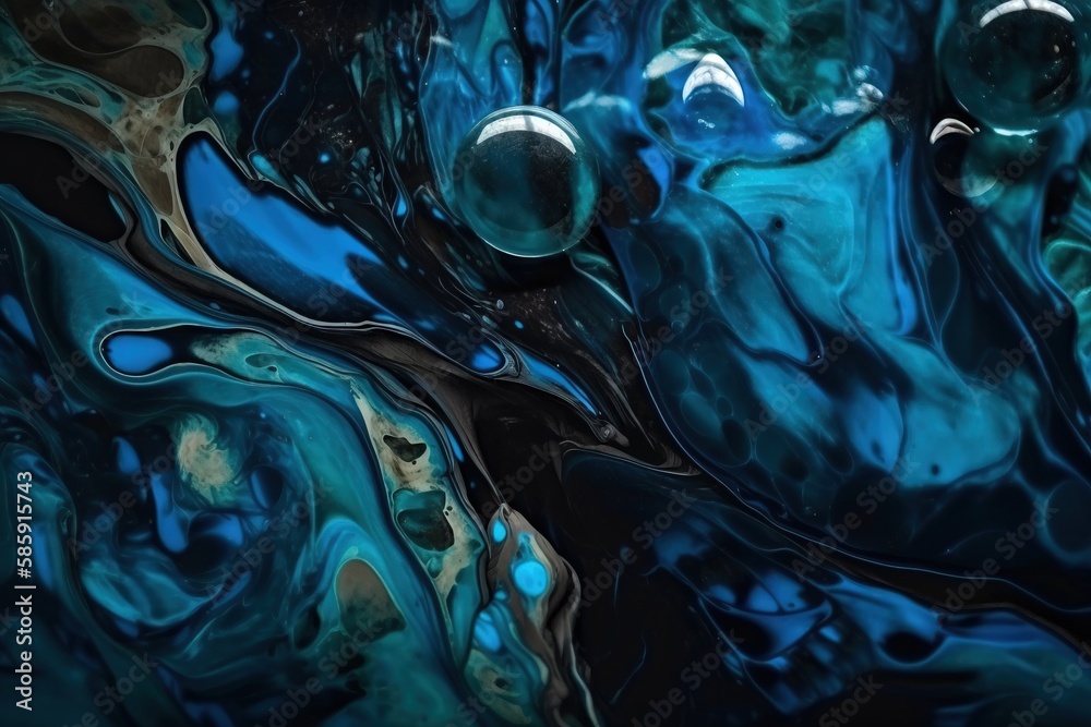  a blue and black abstract painting with a lot of drops of water on its surface and a few bubbles i