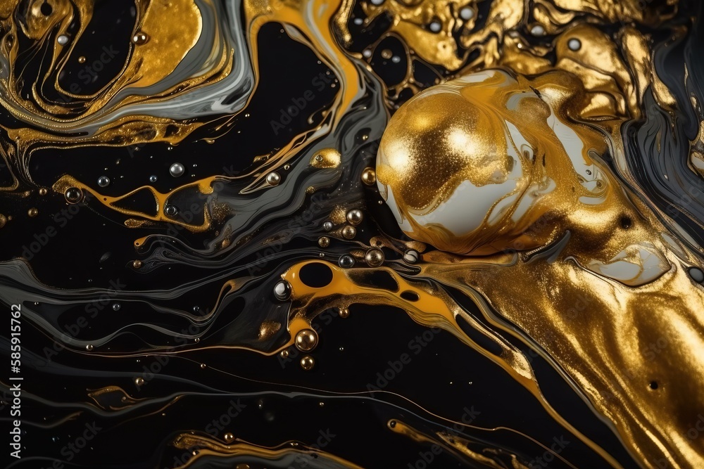  a close up of a gold and black liquid texture on a black background with a white ball in the middle