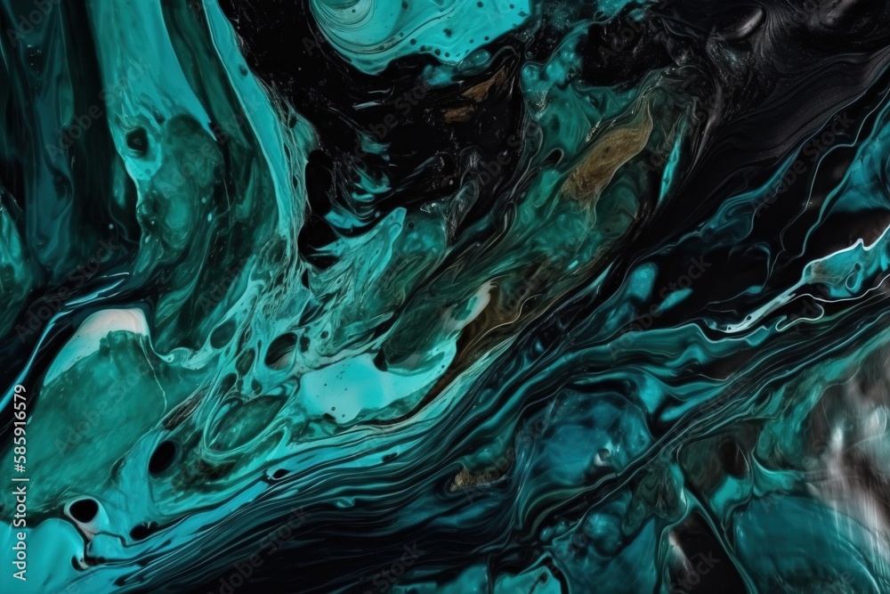  an abstract painting of blue and green colors with a black background and a black and white stripe 