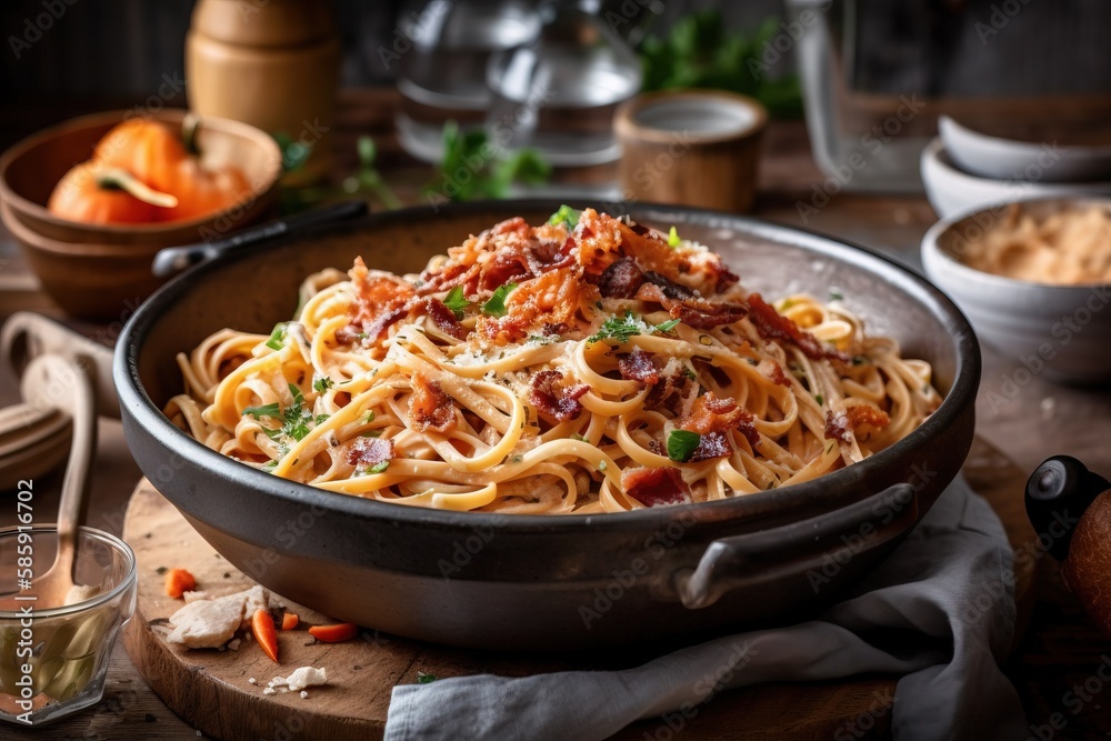  a bowl of pasta with bacon and parsley on a wooden table with other dishes and utensils in the back