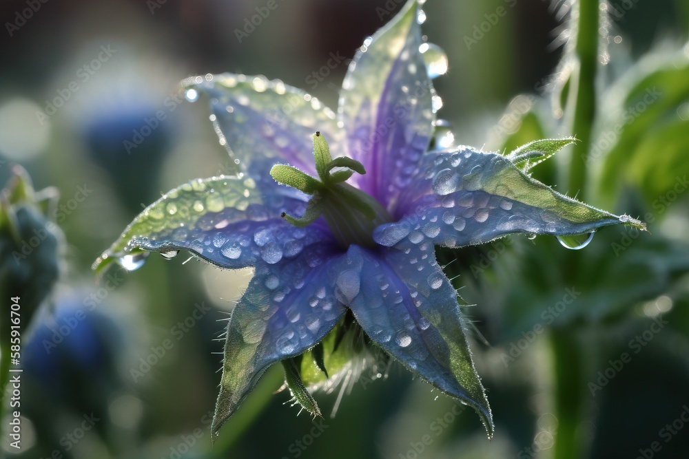  a purple flower with water droplets on its petals and leaves in the background, with a blurry back