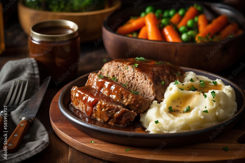  a plate of meat, mashed potatoes, and carrots with a side of peas and carrots in a bowl on a table.