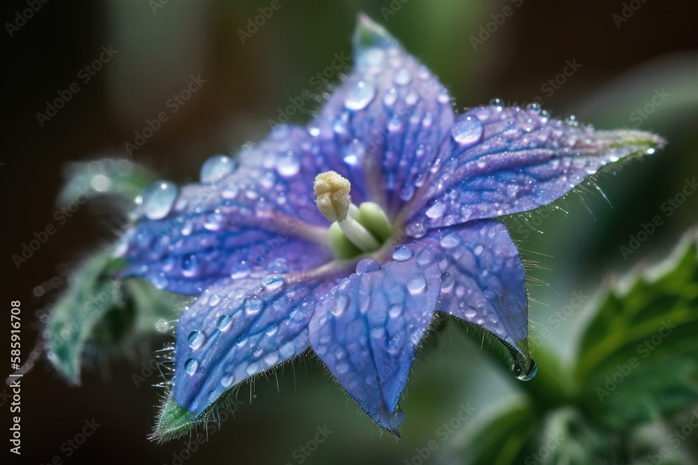  a blue flower with water droplets on its petals and leaves in the foreground, with a dark backgrou