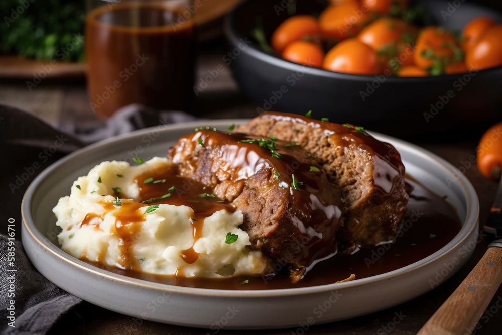  a plate of meatloaf with mashed potatoes and gravy on a table with a bowl of oranges in the backgro