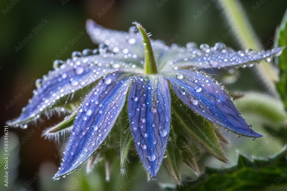  a close up of a blue flower with drops of water on its petals and green leaves in the foreground, 