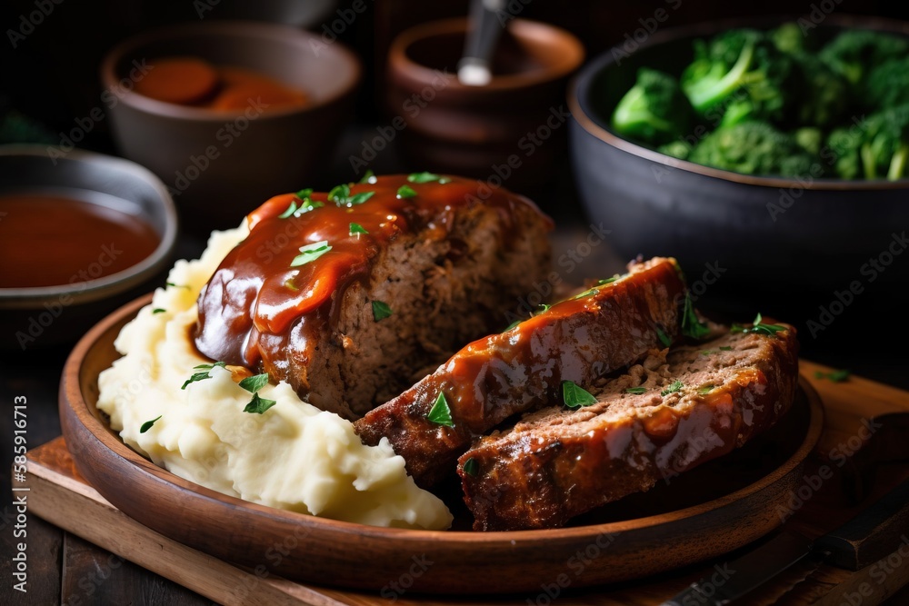  a plate of meatloaf with mashed potatoes and broccoli in a bowl on the table next to a bowl of broc