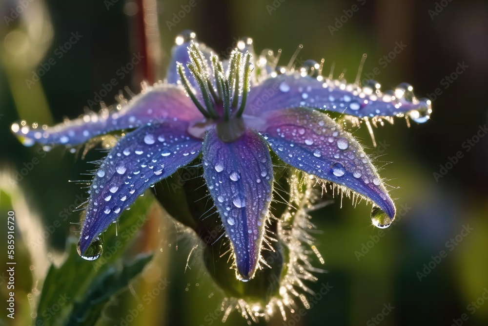  a purple flower with water droplets on its petals and a green stem in the foreground with a blurry