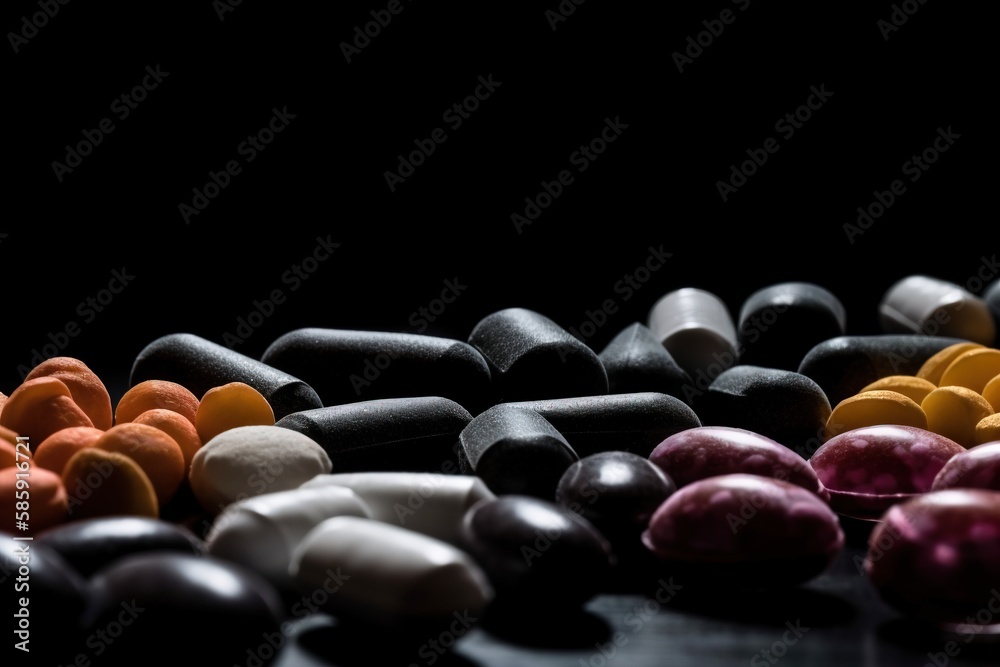  a close up of a bunch of pills on a table with a black background and a black background with a few