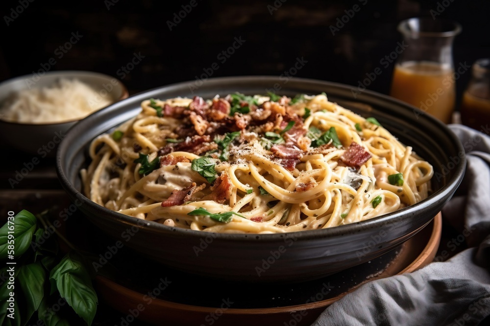  a bowl of pasta with bacon and parmesan on a plate next to a glass of orange juice and a napkin on 