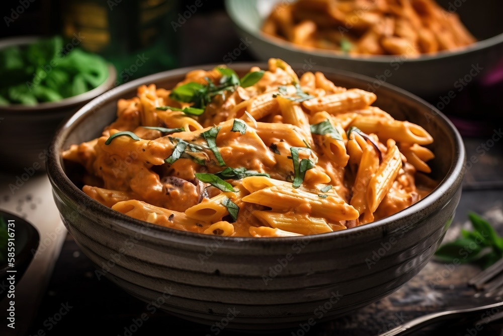  a bowl of pasta with sauce and parsley on top of a table with other bowls of pasta in the backgroun