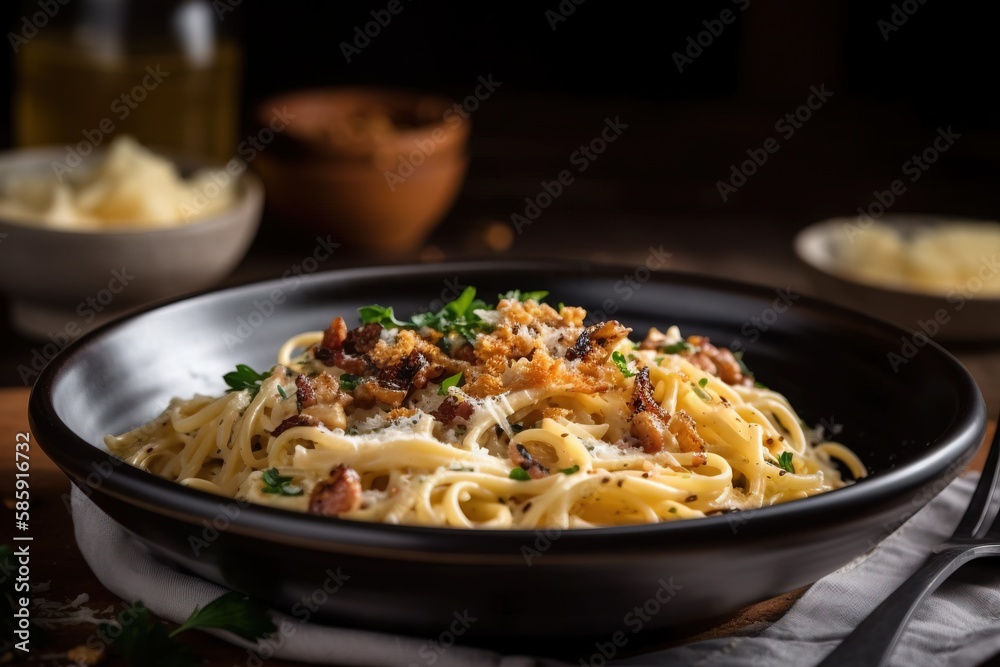  a bowl of pasta with bacon and parmesan cheese on a table with a fork and a glass of wine in the ba