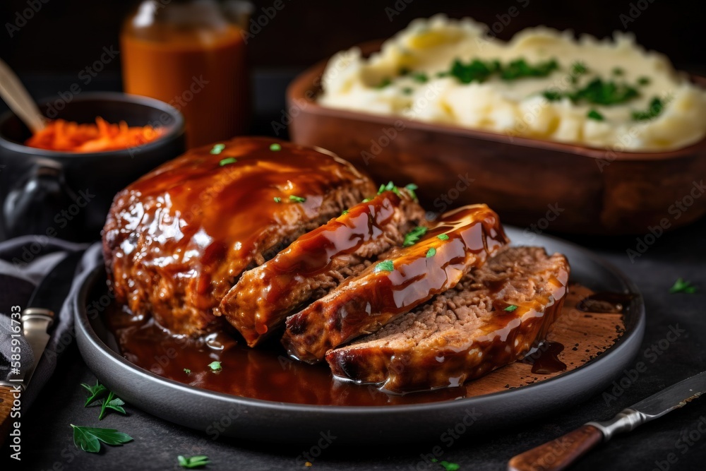  a plate of meat covered in gravy next to a bowl of mashed potatoes and a wooden bowl of mashed carr