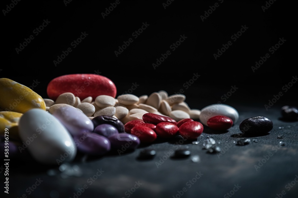  a pile of pills sitting on top of a black table next to a bottle of pills and a bottle of pills in 