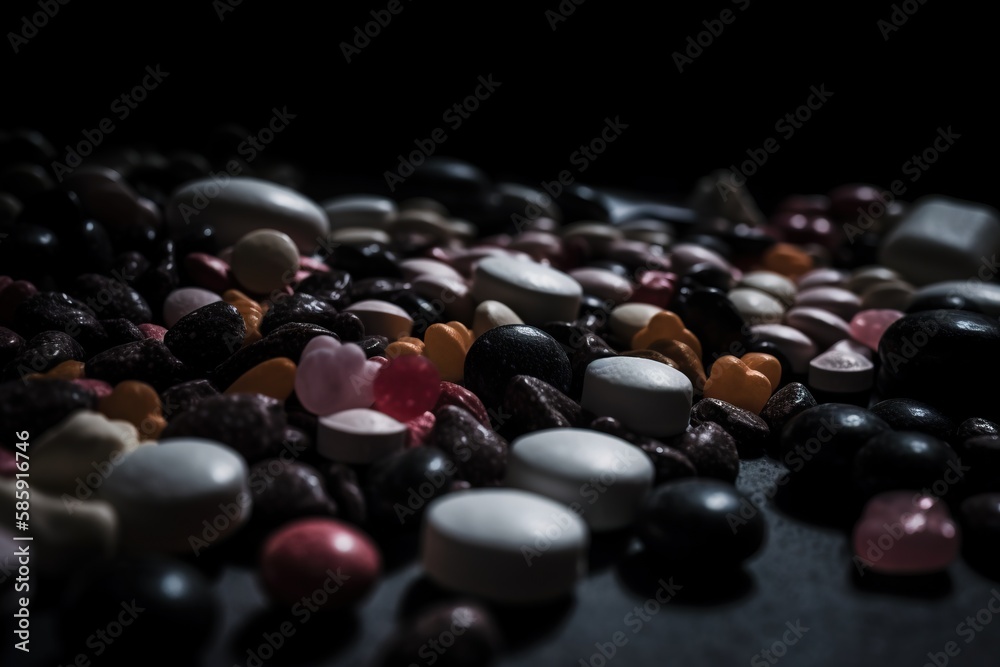  a table topped with lots of different types of pills and chocolates on top of eachothers surface, 