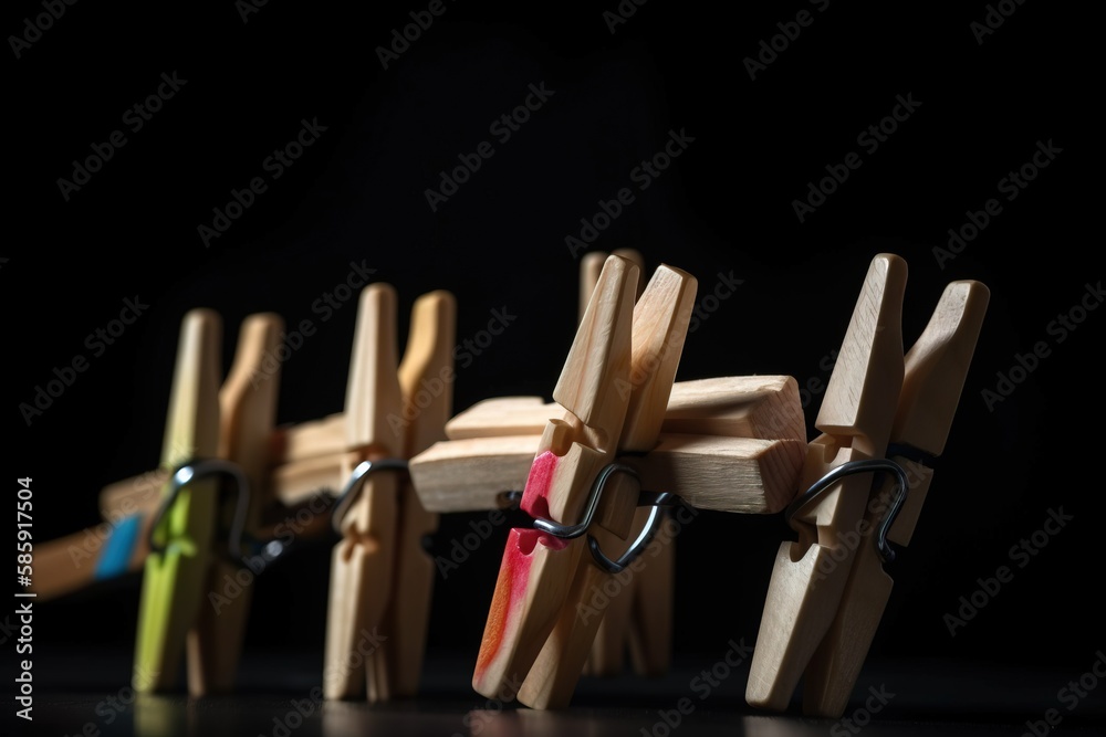  a row of wooden clothes pegs with colored clothes pins attached to each of them with a red string a