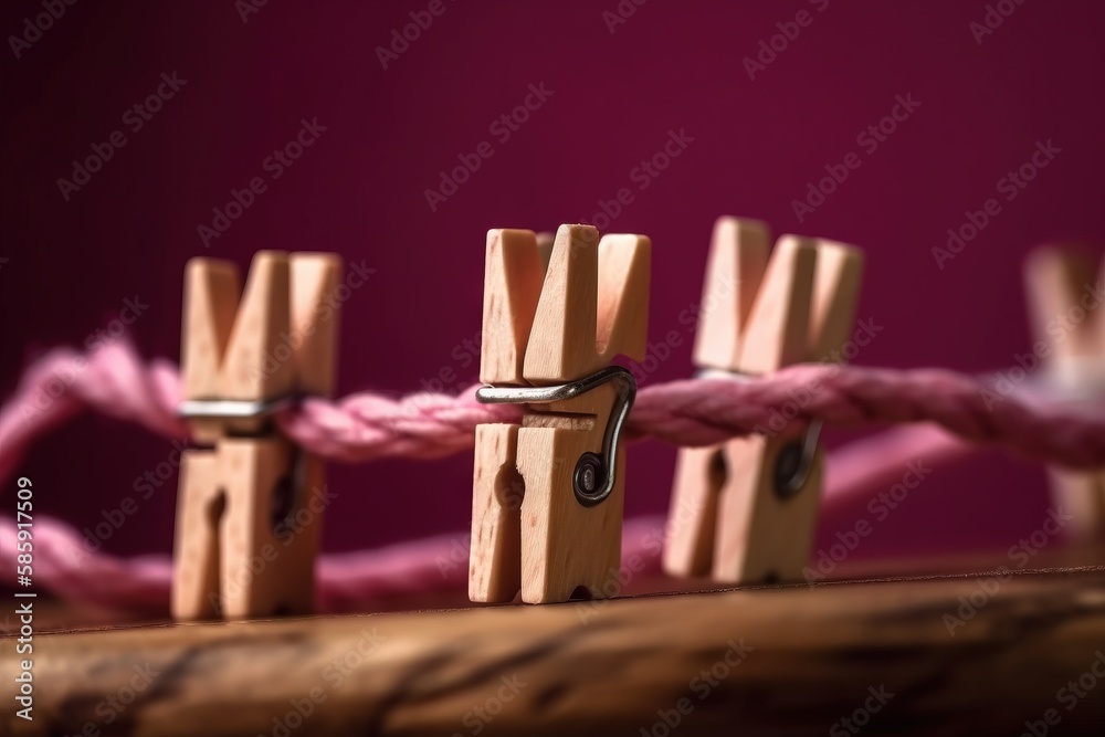  a group of wooden clothes pins tied to a rope on a wooden table with a purple background and a pink