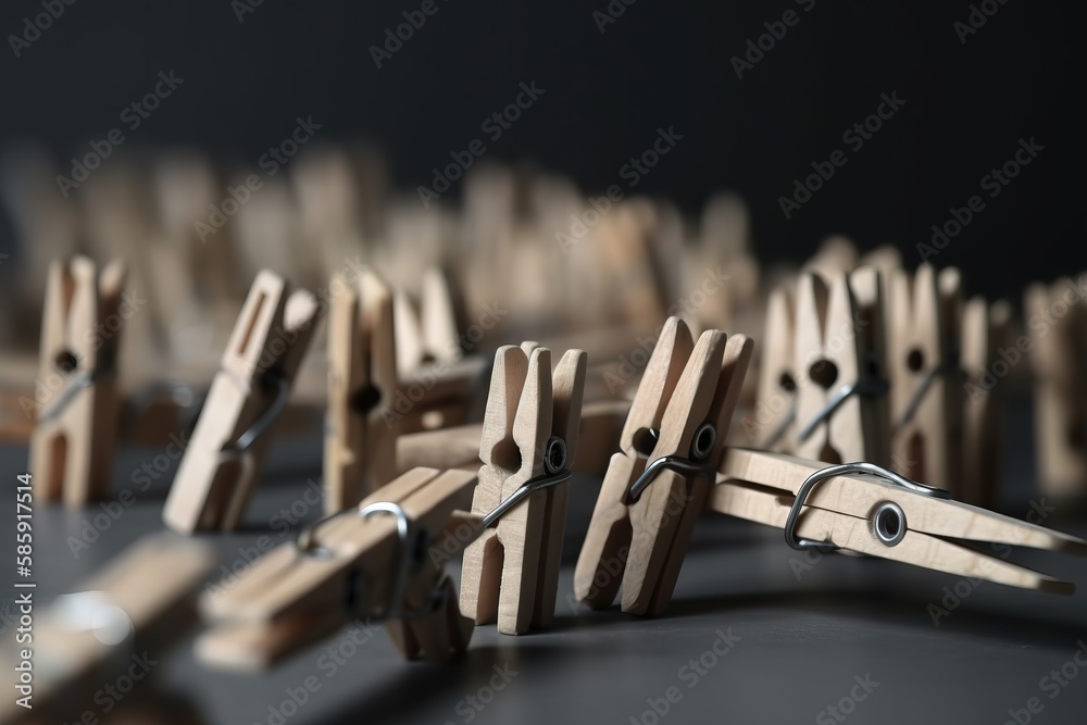  a group of wooden clothes pegs with a string of clothes pegs attached to the pegs on the table with