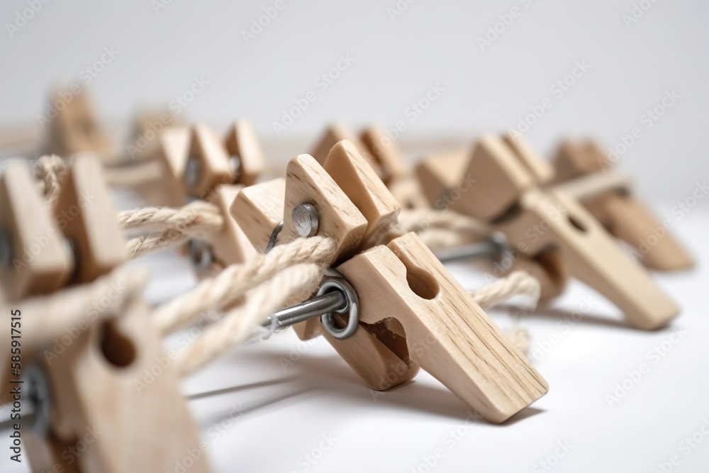  a bunch of wooden pegs tied up to each other on a white surface with a string of clothes pins attac