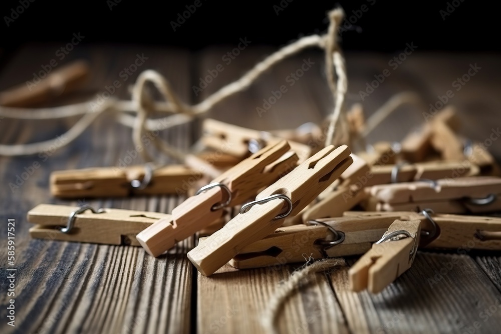  a bunch of clothes pins are tied to a string on a wooden table with a string of clothes pins in the