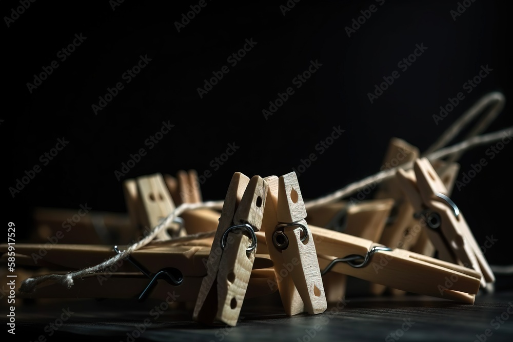  a group of wooden clothes pegs tied to each other with a string of clothes pegs attached to the end