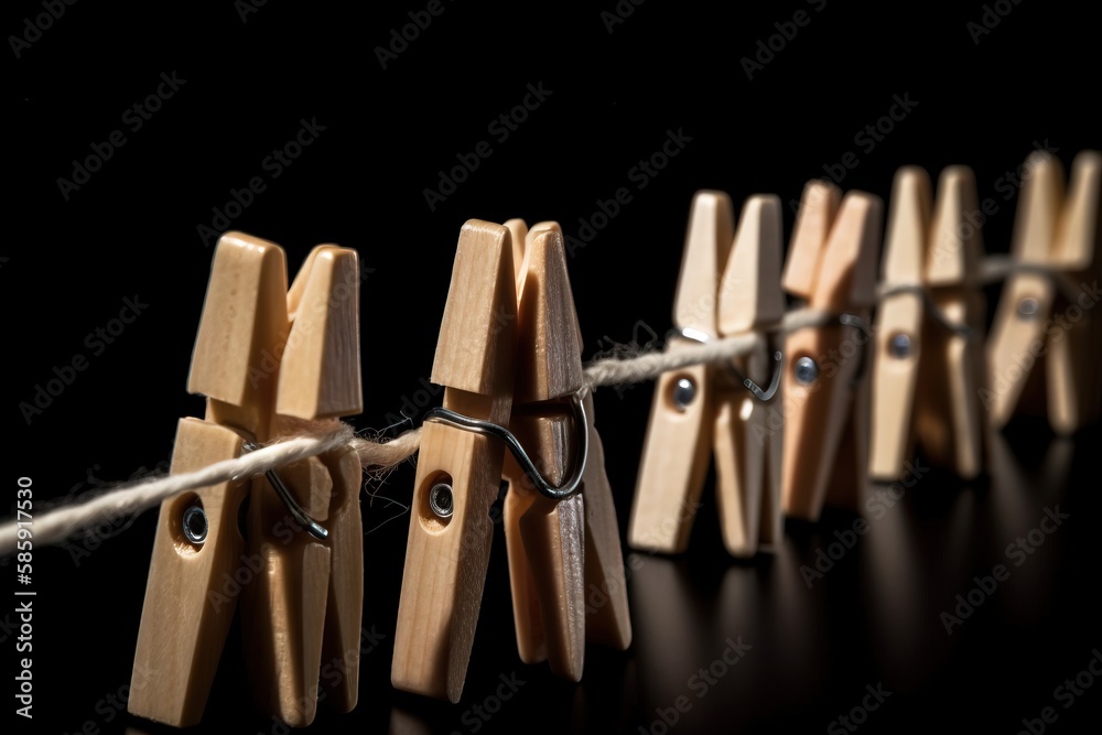  clothes pegs are tied to a string with a string of clothes pins attached to them on a black surface